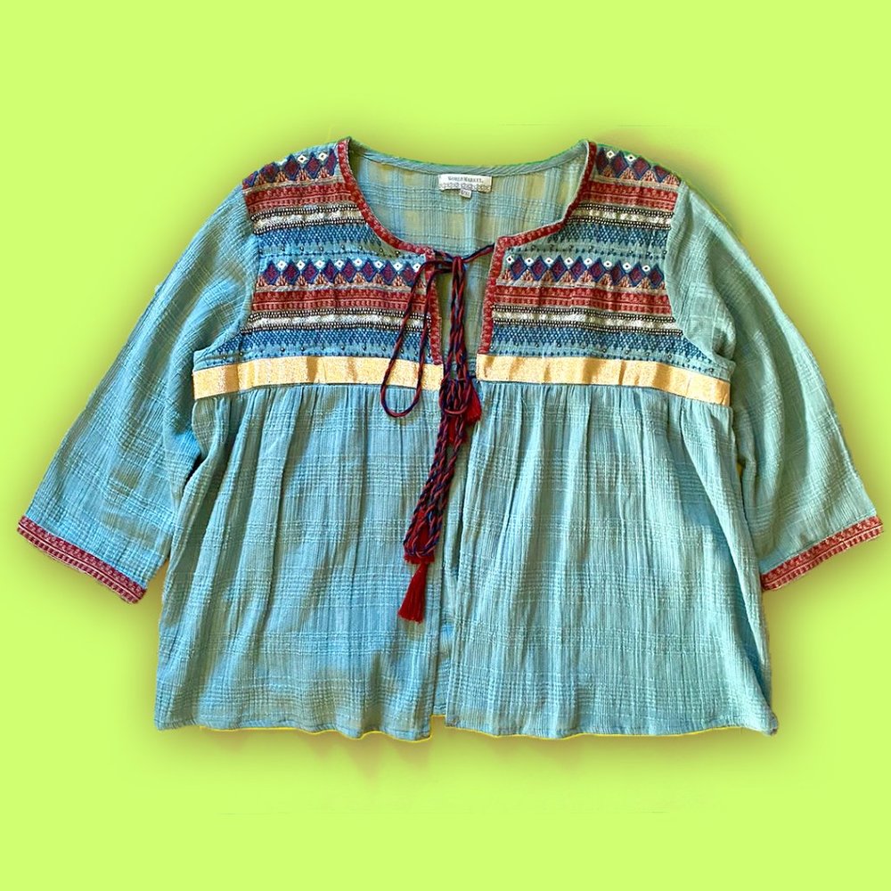 Cost Plus World Market Beaded Embroidered Teal Bohemian Travel Top